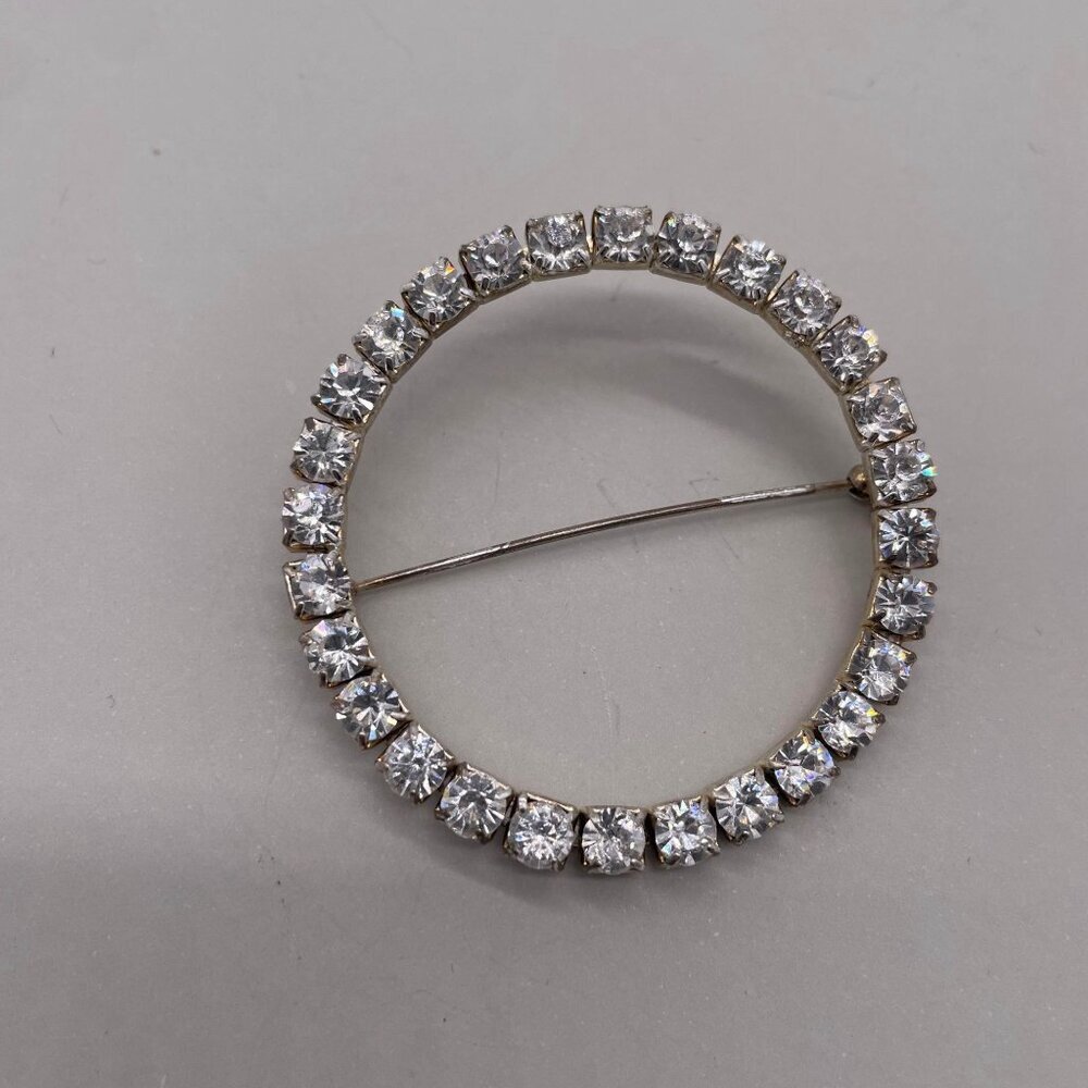 Round Circle Rhinestone Brooch Pin Gold Tone Party/Cocktail Elegant Soft Girl - Picture 2 of 5